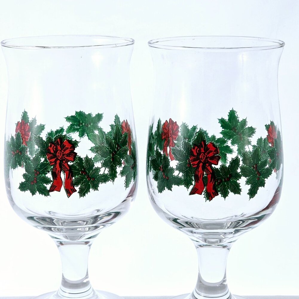 Libbey Christmas Holly Red Bows Water Wine Glasses 6.25" set/2 fluffy greenery - Picture 5 of 9